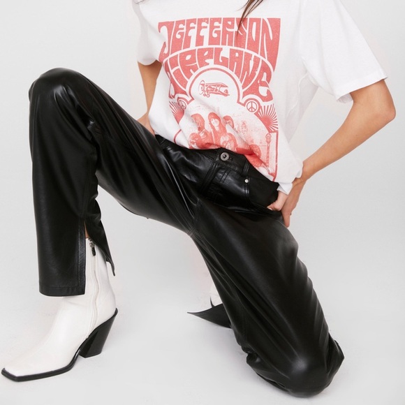 Nasty Gal Leather High Waisted Slit Pants black straight leg real hem premium - Picture 1 of 12